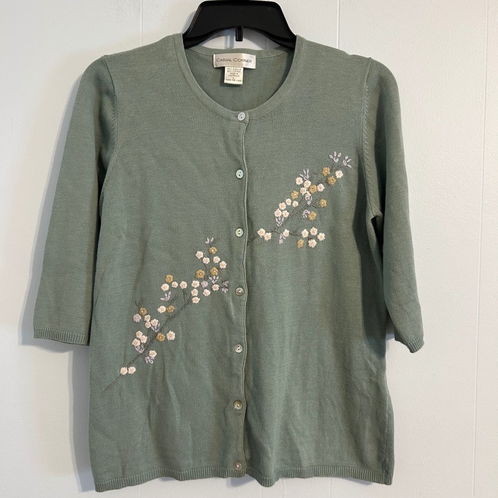 Casual Corner Womens Sage Green Floral Embroidered Cardigan 3/4 Sleeve Large